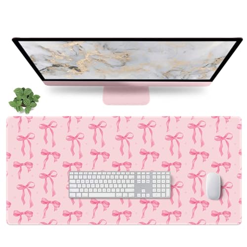 Large Pink Mouse Pad with Bows, 35.4 x 15.7in Full Desk Mat Pink Keyboard Mat Cute Computer Mouse Pad Home Office Supplies Accessories, Non-Slip Rubber Base Extra Large Gaming Mousepad, Girly Décor