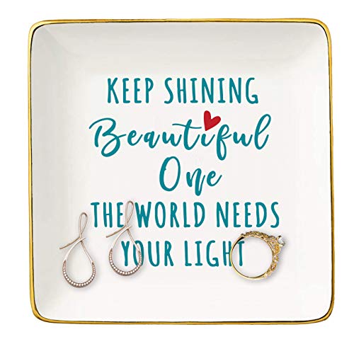 Topthink Keep Shining Beautiful-the World Needs Your Light-Ceramic Jewelry Holder Ring Dish Trinket Tray-Inspirational Gifts for Women,Best Friends,Bestie,Sister,Daughter,Birthday Christmas Gift