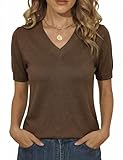 Totatuit Camiseta Mujer Manga Corta Cuello en V Jersey de Punto Ajustado Diseño Elegante Favorecedor Look Urbano Primavera Marrón，XL
