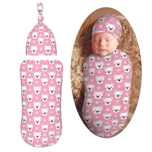 Image of Kawaii Bear Heads and Paws Newborn Swaddle Blankets Hat Sets Soft Baby Receiving Blanket Swaddle Sack for Baby Shower Infant Boy Girl Gift