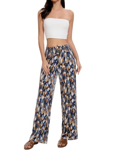 Women Casual Boho High Waist Stretch Lounge Pant Draped Straight Wide Leg Palazzo Trousers 6