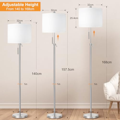 Floor Lamp, Modern Standing Lamp with 9W 3 Color Temperatures Bulb & Lampshade,55"-67" Height Adjustable, Industrial Tall Floor Lamps for Living Room, Bedroom, Office-Silver - Image 2