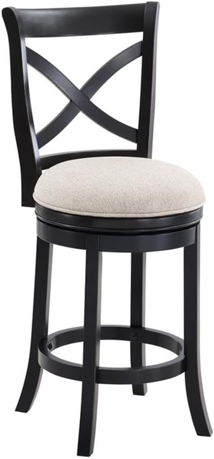 BOWERY HILL X-Back Swivel Counter Height Bar Stool, 26-Inch Seat, Solid Wood Frame, Black Finish, Light Gray 3-Inch Cushioned Polyester Seat, French Curve Design, Adjustable Levelers, Kitchen or Bar