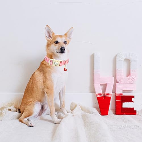 Image of Valentine's Pink Line Love-Heart Dog Collar for X-Small Dogs | Valentine Pet Outfit,Wedding,Anniversary,Daily Walks,Adjustable,Cotton Fabric,Quick Release Plastic Buckle,Pendant,Female Dog