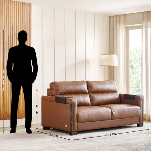 Image of Home Centre | Colmar Half Leather 3-Seater Sofa | Sofa for Living Room | Pine Wood, Solid Wood | Tan | 1 Year Warranty