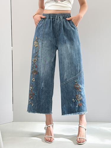 Womens Capri Pants Summer Wide Leg High Waisted Pants Casual Trousers with Pockets Embroidered Jeans Blue4