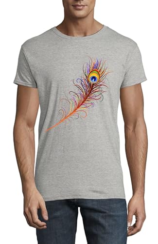 Camiseta roja de los hombres del algodón del cuello redondo de la pluma de la cola del pavo real, gris, L