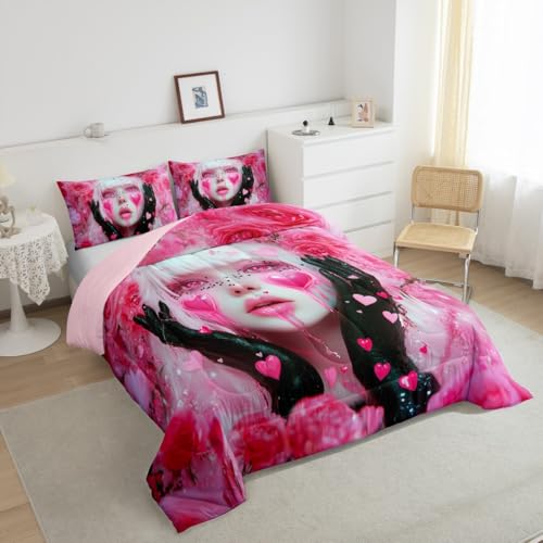 Image of Erosebridal Black and Pink Girl Bedding Sets Anime Gifts for Women Girls Romance Rose Girl Comforter Set Glitter Love Hearts Decor Duvet Insert Modern Lady Fashion Girls Bed Set King 3 Pieces