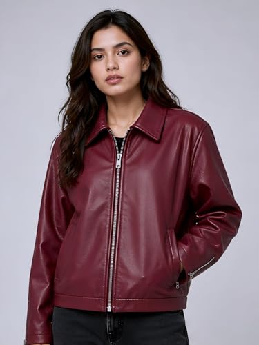 Image of Women's Faux Leather Jacket | Biker Motorcycle Jacket with Zip Front Closure, Classic Shirt Collar | Regular Fit Casual Winter Outerwear | Women's Fashionable Lightweight Leather