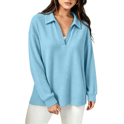 Womens Waffle Knit Collared Shirt Long Sleeve V Neck Pullover Top | Waffle Shirts for Women, Loose Fit Tops, Long Sleeve Blouses, Casual Fall Shirts, Everyday Layering, Womens Fall Fashion 2026 - image 7