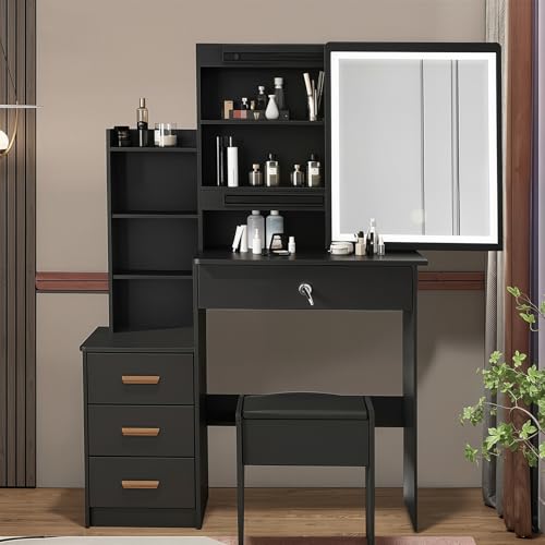 Reviews de Cajonera Con Espejo los 5 más buscados. 50 Vabches Un Moderno Conjunto de tocador para Dormitorio con Espejo LED, Cuatro cajones, un Taburete Acolchado y estantes Abiertos. (Negro, Espejo Izquierdo, Armario Derecho)