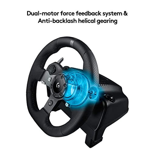 Logitech G 920 Driving Force oyun yarış direksiyonu, iki motorlu kuvvet geri bildirimi, 900° direksiyon aralığı, deri direksiyon, ayarlanabilir paslanmaz çelik zemin pedalları, Xbox One/PC/Mac - UK fişi, siyah
