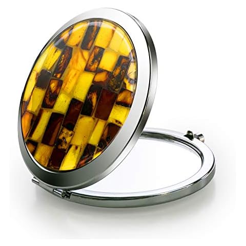 Amber Culture Amber Compact Makeup Mirror - 3X Magnification Handmade from Natural Baltic Resin Stone and Stainless Steel Cover