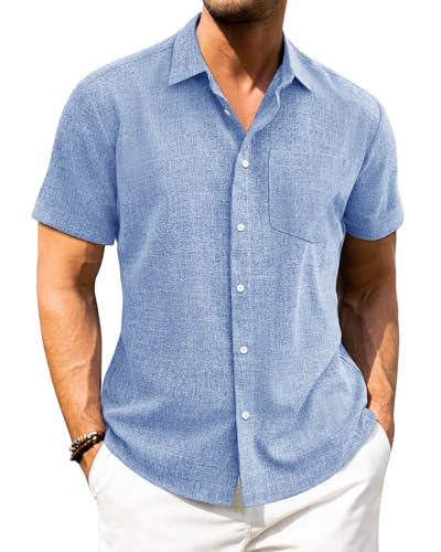 J.VER Kurzarmhemd Herren Sommer Comfort Freizeithemd Bügelfrei Hemden Button down Leinenhemd,Blau,XXL