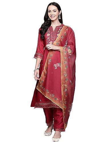 Image of INDO ERA Women's Maroon Embroidered Silk Blend Kurta with Pant & Dupatta Set