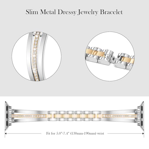Image of AIRSPO Slim Gold Band Compatible with Apple Watch 38 /40 /41 /42 /44 /45 /46mm Women Metal Dressy Jewelry Bracelet with Bling Diamond for iWatch Series 10-3 /SE (Gold and Silver, 38 /40 /41 /42mm(Series 10))
