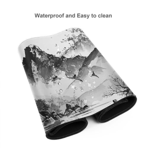 Image of Black White Japanese Watercolor Cherry Blossom Gaming Mouse Pad 35.4x15.7 XXL Extended Mousepad Large Keyboard Mouse Mat Desk Pad with Non-Slip Rubber Base Stitched Edges for Home Office Game
