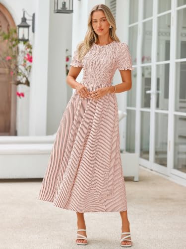 Simplee Womens Summer Casual Midi Dress Striped Smocked Puff Sleeve High Waist A Line Boho Beach Vacation Dresses with Pockets Red S — view 2