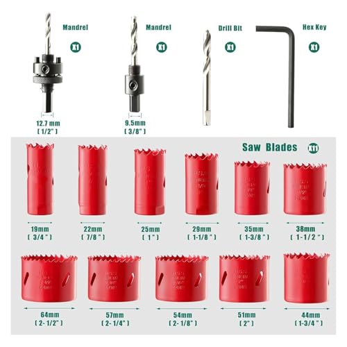 Bi-Metal Hole Saw Kit, HYCHIKA 17 Pcs High Speed Steel 3/4" to 2-1/2" Hole Saw Set in Case with Mandrels, Hole Saw Bit for Metal, Drilling PVC Board,and Plastic Plate