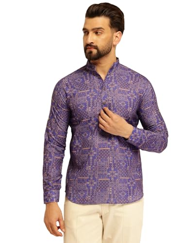 Sojanya (Since 1958 Men's Cotton Linen Geometric Printed Purple Only Short Kurta