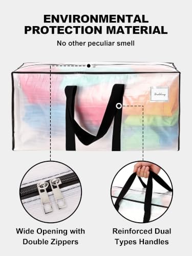 HOMESURE 8 Pack Large Strong Moving Bags with Zippers & Carrying Handles - Water-Resistant - Heavy Duty Tote for Space Saving Storage, Fold Flat, Alternative to Moving Box (Clear) — view 6