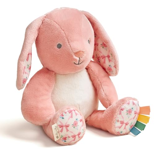 Image of Itzy Ritzy Snuggles Plush Toy – Soft Stuffed Animal for Babies, Kids & Adults – Sensory Ribbons & Textured Fabrics for Tactile Play – Cozy & Cuddly Companion for Newborns & Up (Pink Bunny)