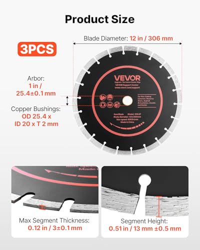 Image of VEVOR Diamond Blades 12 inch, 3-Pack Concrete Saw Blade Set, 1 in Arbor, High-Hardness Diamond Segments, 65Mn Steel Core, Dry Wet Cutting, Clean Edges for Concrete, Masonry, Brick, Stone, Granite