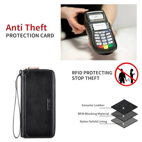Men's Genuine Leather Zipper Wallet with RFID Blocking, Phone Pocket，Long Zipper Pouch Wallet (Black)4