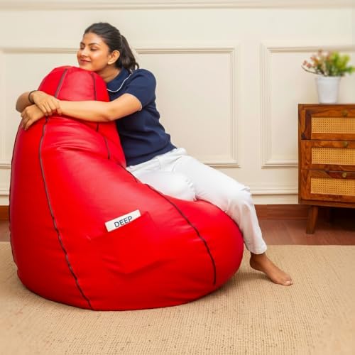 Image of Sattva Classic Piping XXXL Bean Bag with Pocket Filled with Beans | Faux Leather Teardrop Bean Bag for Adults & Teens | Pre-Filled Comfortable Seating for Bedroom, Living Room - Red with Black Piping