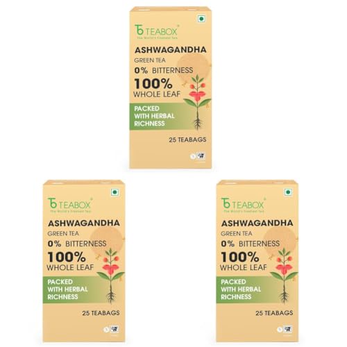 Image of Teabox Ashwagandha Green Tea 25 Teabags | Ayurvedic Blend of Premium Green Tea and Natural Ashwagandha | Silken Pyramid Teabags (Pack of 3)