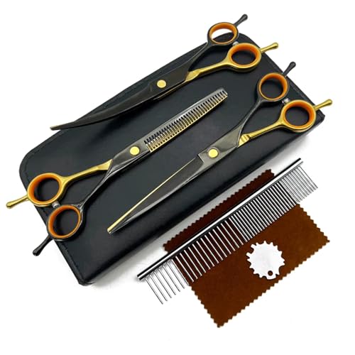 Fellschere Hundeschere professionelles Hundepflege-Scherenset Hundeschere Tierpflege-Schere mit Gebogene/Gerade/Ausdünnungsschere/Kamm (Schwarz+Gelb)