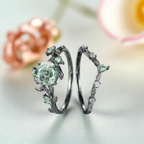 Nature Moss Agate Engagement Ring Set Black Gold Nature Inspired Wedding Rings For Women Moissanite Wedding Band Promise Anniversary Rings4