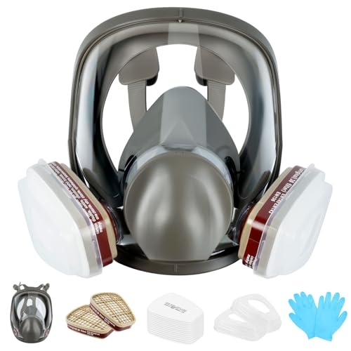JABNOW Respirator facial completo reutilizable, Mascarilla De Respirador De Cara Completa con 10 Filtros de Algodón y 5 Pares de Guantes, Mascarilla Completa para Pintar, Lijar, Pulir, Soldar
