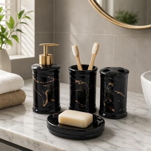 Image of Whizzo Ceramic Bathroom Set - Italian 4 Piece Bath Accessories Set with Soap Dispenser, Toothbrush Holder, Tumbler & Soap Dish - Modern & Designer Decor for Home & Guest Bathrooms (BS-822-BLACK)
