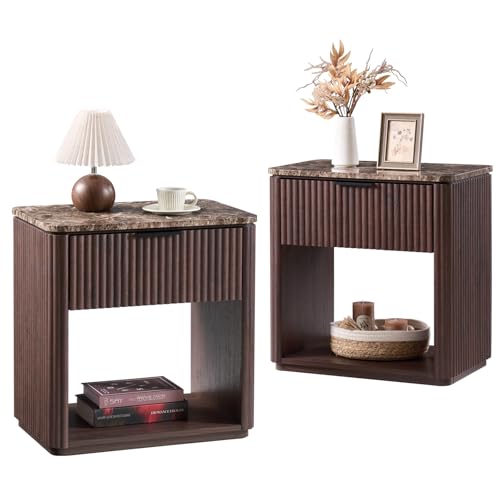 Image of Fluted Nightstand Set of 2, 23 inch W Night Stand with Drawer, Wood Bed Side Table with Faux Marble-Top, Curved Corner, Metal Handle, Modern Bedside Table for Bedroom, Living Room, Office, Dark Oak