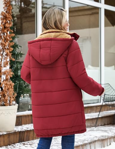 Yuson Girl Winterjacke Damen Wintermäntel Lang Steppjacke Fleece Gefüttert Mantel mit Kapuze Herbst Winter Jacke Winterparka Warm Steppmantel Winddichte Fleecejacke mit Tasche(Weinrot, L)