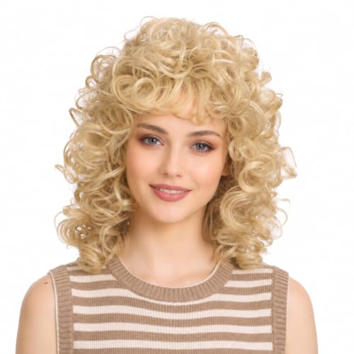 ColorGround Medium Long Curly Blonde 80S Rocker Wig for Women