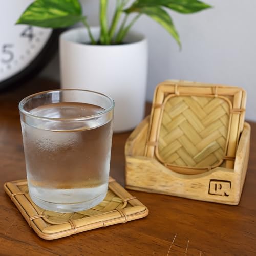 Image of Saras Aajeevika 6 Pc Set of Eco Friendly Handmade Bamboo Sqaure Curved Coaster /Coster Holder for Kitchen Decor Hot Pots, Tea Cups, Coffee Mugs, Glasses Coaster Sets