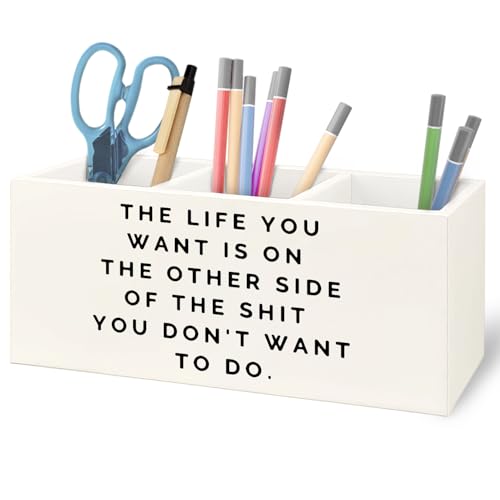 Image of Inspirational Gifts Wooden Pen Pencil Holder for Office Desk Accessories, Motivational Gifts for Women, Inspirational Quote Makeup Brush Toothbrush Holder Organizer