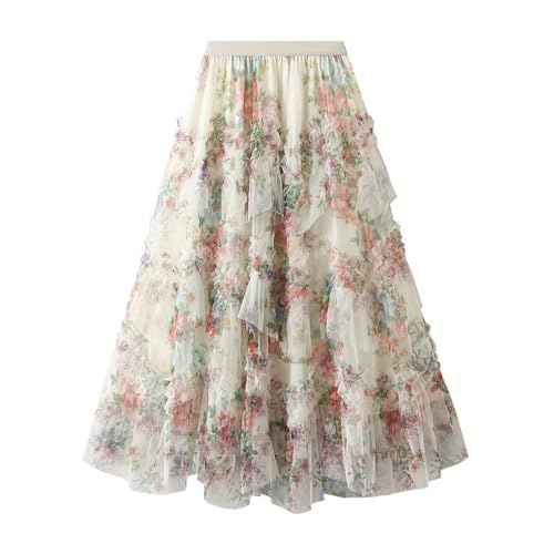 Womens Floral Tulle Skirts Ruffle High Waist A-line Skirt Layered Pleated Flowy Fairy Skirt Fashion Party Long Dress