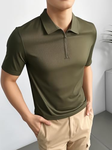 Image of Mack Jonney Ribbed |Regular Fit | Half Sleeves 100% Cotton Polo Neck Self Design with Zip T-Shirt for Men-M826
