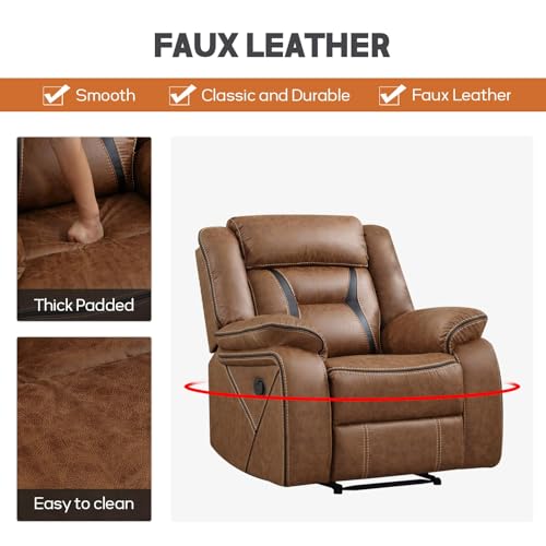 Image of EBELLO Manual Recliner Sofa Set, Faux Leather Reclining Living Room Furniture Set, Included Recliner Chair and 3 Seat Manual Recline Sofa, Brown