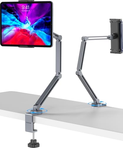 YICOSUN Tablet Arm Mount with Super Grip, Adjustable Foldable Holder & Heavy Duty Aluminum 360° Rotating Clamp for iPad, Phone, Monitor, Kindle - Universal for Desk, Bed, Kitchen - Gray