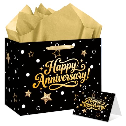 Black Gold Happy Anniversary Party Gift Bag - Large Wedding Gift Wrapping Bag with Tissue Paper and Greeting Card Ideal for Wedding Parents 50th Golden Jubilee & Work Anniversary Party Decorations