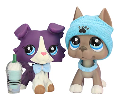 MiniPets lps Collectable Pets, lps Collie 1676 lps Great Dane 184 with lps Accessories Bowtie Beanie Drink Collar Kids Gift