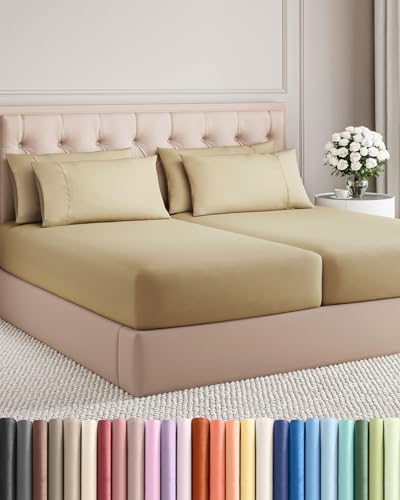 Image of Split King 7 Piece Bed Sheet Set - Comfy, Breathable & Cooling - Beige | Ultra-Soft Hotel Luxury Bedding Set w / 8-16 Inch Deep Pockets, 1 Flat & 2 Fitted Sheet & 4 Pillowcases, Wrinkle & Fade Free