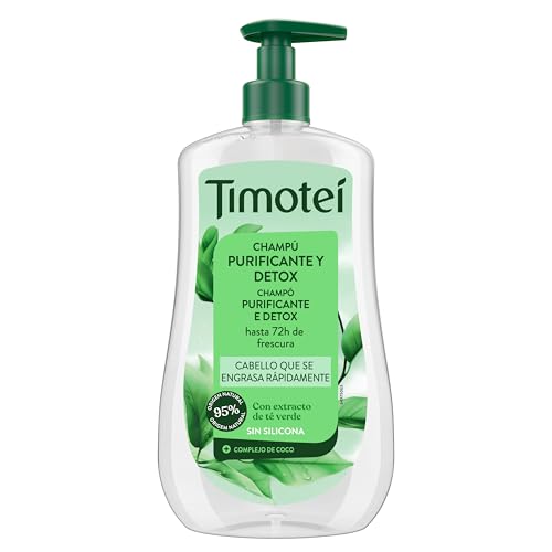 Timotei Champú Purificante y Detox 600ml | Hasta 72h de Frescura | Para Cabello Graso | Limpieza Profunda | Con Aceite de Coco y Extracto de Té Verde | Cabello Ligero y Brillante | Sin siliconas
