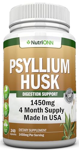 Cápsulas de cáscara de psyllium, 1450 mg por porción, 240 cápsulas, suplemento de fibra de psyllium premium, ideal para digestión y regularidad, fibra soluble 100% natural
