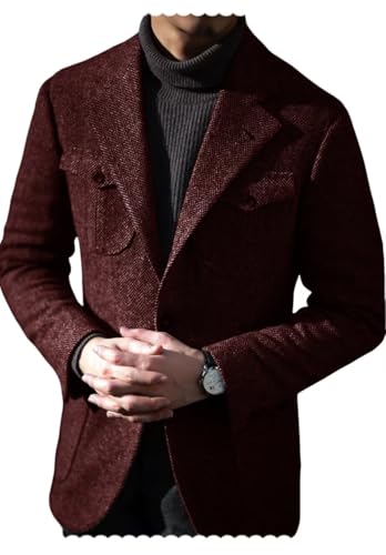 Men's Single Breasted Wool Blend Blazer Vintage Herringbone Casual Sport Jacket