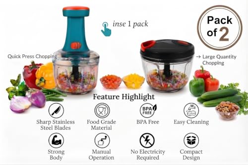 Image of Vegetable Chopper | Manual Food Chopper with Stainless Steel Blades | Onion Cutter, Garlic Cutter, Chilli Cutter (Multicolore, L m)
